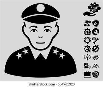 Army General icon with bonus tools clip art. Vector illustration style is flat iconic black symbols on light gray background.