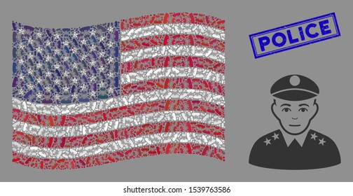 Army general items are arranged into USA flag stylization with blue rectangle distressed stamp seal of Police phrase. Vector concept of USA waving flag is designed of army general items.