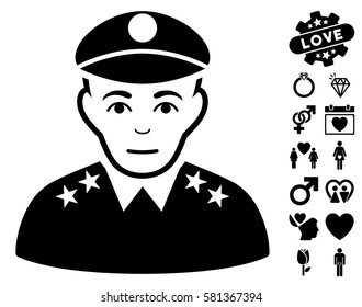 Army General pictograph with bonus passion pictures. Vector illustration style is flat iconic black symbols on white background.