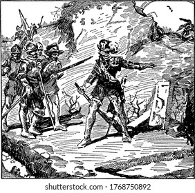 Armeegeneral lehrt seine Truppen nicht zu schießen, bis die ersten Triebe, Vintage-Linie Zeichnung oder Gravur Illustration.