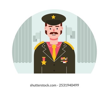Army general with uniform and hat in the room, authoritative. Character design. Vector flat illustration