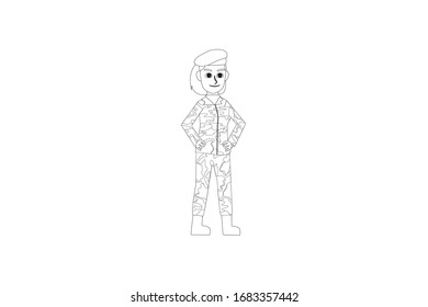 Army Girl Profession Vector Outline Illustration