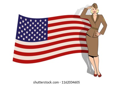 Army girl in retro style wearing soldiers uniform from the 40s or 50s doing military salute and USA flag on the background