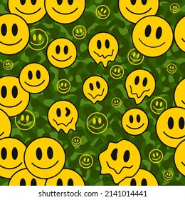 Army  Green Camouflage And Melt Smile Face Seamless Pattern Art.Vector Style Cartoon Illustration Design Wallpaper.Army Green Camouflage,trippy Melt Smile, Fashion Seamless Pattern Background Concept