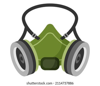 Army green gas mask or respirator for protection against chemical weapons, poisonous gas with carbon filters. Military concept for army, soldiers and war. Vector cartoon isolated illustration.
