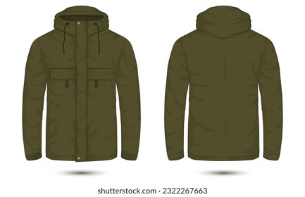 Army green hooded casual jacket front and back view