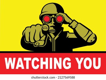 Army guard watching thorough binoculars. Warning sign. Vector illustration