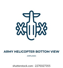 Army helicopter bottom view icon. Linear vector illustration from airplanes collection. Outline army helicopter bottom view icon vector. Thin line symbol for use on web and mobile apps, logo, print 