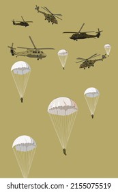 Army helicopter and parachutes icons set. Collection of civil and army military transport helicopters. Vector helicopter isolated, paraschutes.