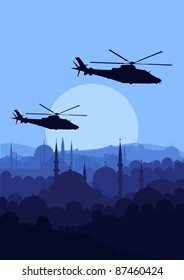 Army helicopters flying over Arabic city landscape background illustration
