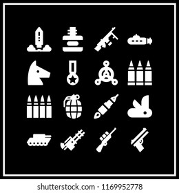 army icon. 16 army vector set. war tank, submarine, swiss army knife and gun icons for web and design about army theme