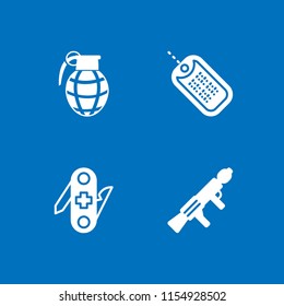 army icon. 4 army set with dog tag, gun, hand grenade and swiss army knife vector icons for web and mobile app