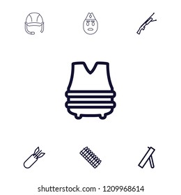 Army icon. collection of 7 army outline icons such as rocket bomb, cannon, bulletproof vest, ammo, submachine gun, helmet. editable army icons for web and mobile.