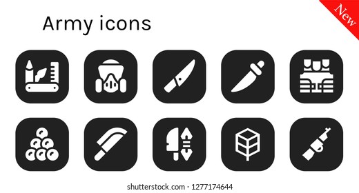  army icon set. 10 filled army icons. Simple modern icons about  - Swiss army knife, Gas mask, Knife, Bulletproof vest, Round shot, Weapon, Jungle disk, Rifle