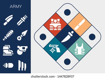 army icon set. 13 filled army icons.  Simple modern icons about  - Knife, Missile, Knives, Boots, Pistol, Mace, Kunai, Bulletproof vest, Gun, Bulletproof