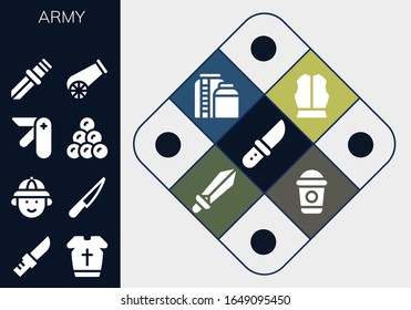 conjunto de iconos del ejército. 13 íconos del ejército llenos.  Iconos modernos sencillos, como: Cuchilla, armadura, cazador, cuchillo de bolsillo, tiro redondo, cañón, tanque, espada, frappe