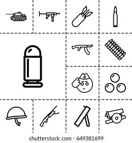 Army icon. set of 13 outline armyicons such as rocket bomb, cannon, canon ball, war helmet, bullet, ammo, tank, submachine gun