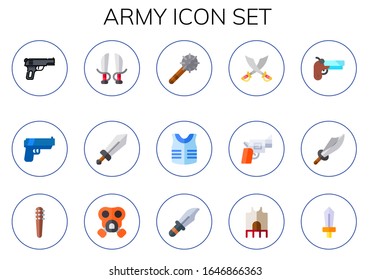 conjunto de iconos del ejército. 15 íconos planos del ejército. Incluido arma, espada, arma, armadura, armas, máscaras de gas, íconos dagas