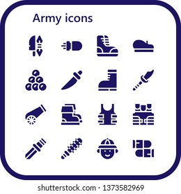 army icon set. 16 filled army icons.  Collection Of - Weapon, Missile, Boots, Beret, Round shot, Knife, Cannon, Bulletproof, Bulletproof vest, Mace, Hunter, Bullets