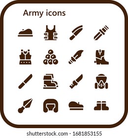 army icon set. 16 filled army icons.  Simple modern icons such as: Beret, Bulletproof, Knife, Armour, Round shot, Dagger, Boots, Gas mask, Boxing helmet