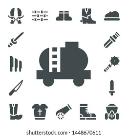 army icon set. 17 filled army icons.  Simple modern icons about  - Sword, Katana, Knives, Tank, Knife, Weapon, Boots, Barbed wire, Armour, Cannon, Beret, Gas mask