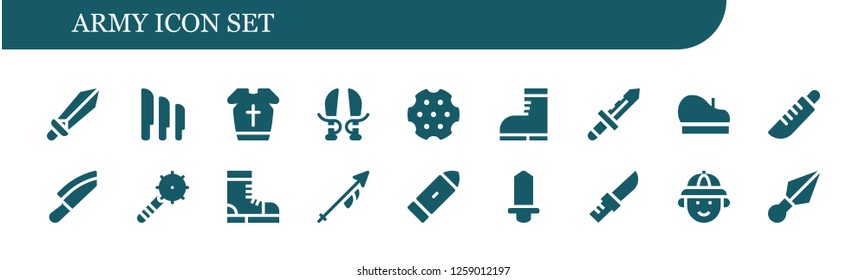  army icon set. 18 filled army icons. Simple modern icons about  - Sword, Knives, Armour, Revolver, Boots, Knife, Beret, Weapon, Lance, Bullet, Hunter, Kunai