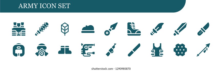  army icon set. 18 filled army icons. Simple modern icons about  - Bulletproof vest, Mace, Jungle disk, Beret, Kunai, Boots, Dagger, Sword, Knife, Boxing helmet, Gas mask, Revolver