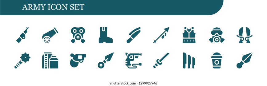  army icon set. 18 filled army icons.  Simple modern icons about  - Rifle, Cannon, Gas mask, Boot, Knife, Lance, Armour, Sword, Weapon, Tank, Pistol, Kunai, Revolver, Katana, Knives