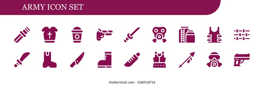army icon set. 18 filled army icons.  Simple modern icons about  - Knife, Armour, Frappe, Gun, Katana, Gas mask, Tank, Bulletproof, Barbed wire, Weapons, Boot, Boots, Lance
