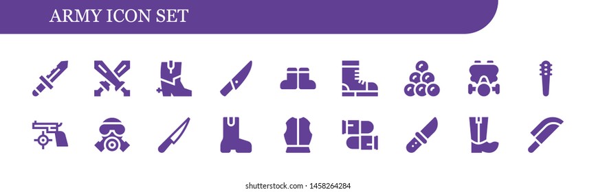 army icon set. 18 filled army icons.  Simple modern icons about  - Knife, Swords, Boots, Round shot, Gas mask, Weapons, Gun, Boot, Armour, Bullets