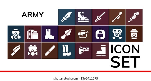 army icon set. 19 filled army icons.  Collection Of - Dagger, Gas mask, Knife, Boots, Gun, Tank, Boot, Kunai, Rifle, Boxing helmet, Frappe, Katana, Lance, Mace