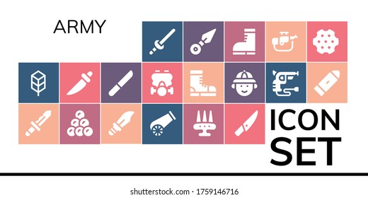 army icon set. 19 filled army icons. Included Sword, Jungle disk, Knife, Round shot, Dagger, Cannon, Weapon, Gas mask, Boots, Hunter, Revolver, Bullet, Kunai, Rifle icons