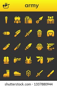 army icon set. 26 filled army icons.  Simple modern icons about  - Weapons, Rifle, Gas mask, Tank, Kunai, Bulletproof vest, Missile, Knife, Frappe, Boxing helmet, Dagger, Hunter