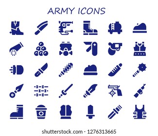  army icon set. 30 filled army icons. Simple modern icons about  - Boots, Knife, Revolver, Tank, Beret, Cannon, Round shot, Gas mask, Pocket knife, Pistol, Armour, Missile, Mace