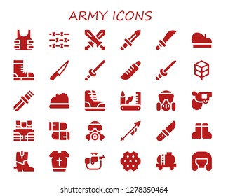  army icon set. 30 filled army icons. Simple modern icons about  - Bulletproof, Barbed wire, Swords, Knife, Weapons, Beret, Boots, Sword, Katana, Jungle disk, Swiss army knife