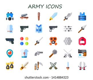 army icon set. 30 flat army icons.  Collection Of - gas mask, cannon, weapons, sword, police vest, armour, gun, armor, barbed wire, weapon, ammunition, revolver, boxing helmet