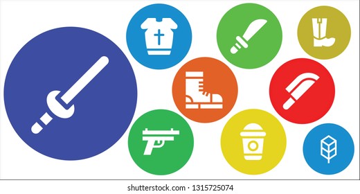 army icon set. 9 filled army icons.  Collection Of - Sword, Armour, Weapons, Gun, Frappe, Boots, Knife, Jungle disk
