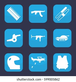 army icon. Set of 9 filled army icons such as sawing, cannon, bulletproof vest, ammo, tank, military plane, submachine gun