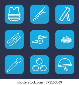 army icon. Set of 9 outline army icons such as nail sawing, sawing, canon ball, cannon, war helmet, bulletproof vest, tank