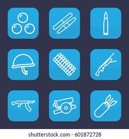 army icon. Set of 9 outline army icons such as sawing, rocket bomb, cannon, canon ball, war helmet, bullet, ammo