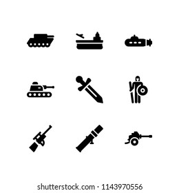 army icon set with bazooka, war tank and warrior vector icons for web and graphic design