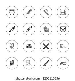 Army icon set. collection of 16 outline army icons with boot, cannon, boxing helmet, frappe, knife, katana, knive, pocket knife, precision, revolver, terracotta icons.