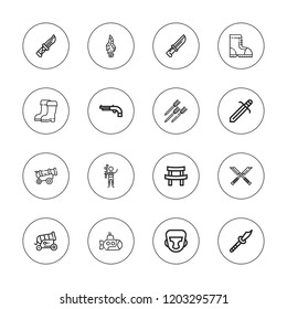 Army icon set. collection of 16 outline army icons with boots, cannon, boxing helmet, knife, katana, gun, submarine, weapon, weapons, sword icons.