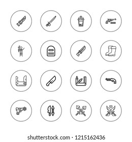 Army icon set. collection of 16 outline army icons with boots, knife, frappe, gun, pocket knife, revolver, weapon, swiss army knife, sword, warrior, swords icons.