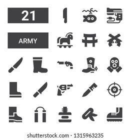 army icon set. Collection of 21 filled army icons included Boots, Knife, Force, Nunchaku, Shooter, Pistol, Gas mask, Boot, Gun, Katana, Trojan, Submarine