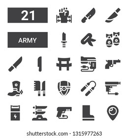 army icon set. Collection of 21 filled army icons included Periscope, Boots, Gun, Katana, Nunchaku, Arsenal, Knives, Boot, Knife, Missile, Barbed wire