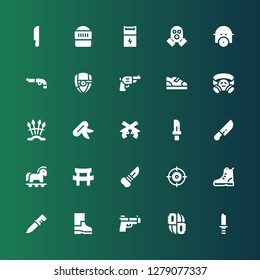 army icon set. Collection of 25 filled army icons included Knife, Knifes, Gun, Boots, Boot, Shooter, Katana, Trojan, Pistol, Weapons, Gas mask, Arsenal, Warrior