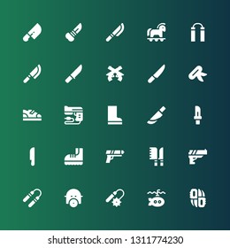 army icon set. Collection of 25 filled army icons included Knifes, Submarine, Weapons, Gas mask, Nunchaku, Gun, Knives, Boots, Knife, Pistol, Trojan