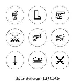 Army icon set. collection of 9 outline army icons with boots, cannon, frappe, katana, gun, tank icons. editable icons.