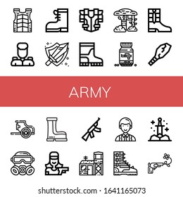 army icon set. Collection of Bulletproof vest, Military, Boots, Sword, Armour, Camouflage, Ammo, Weapon, Chariot, Gas mask, Shooter, Assault rifle, Military base, Officer icons